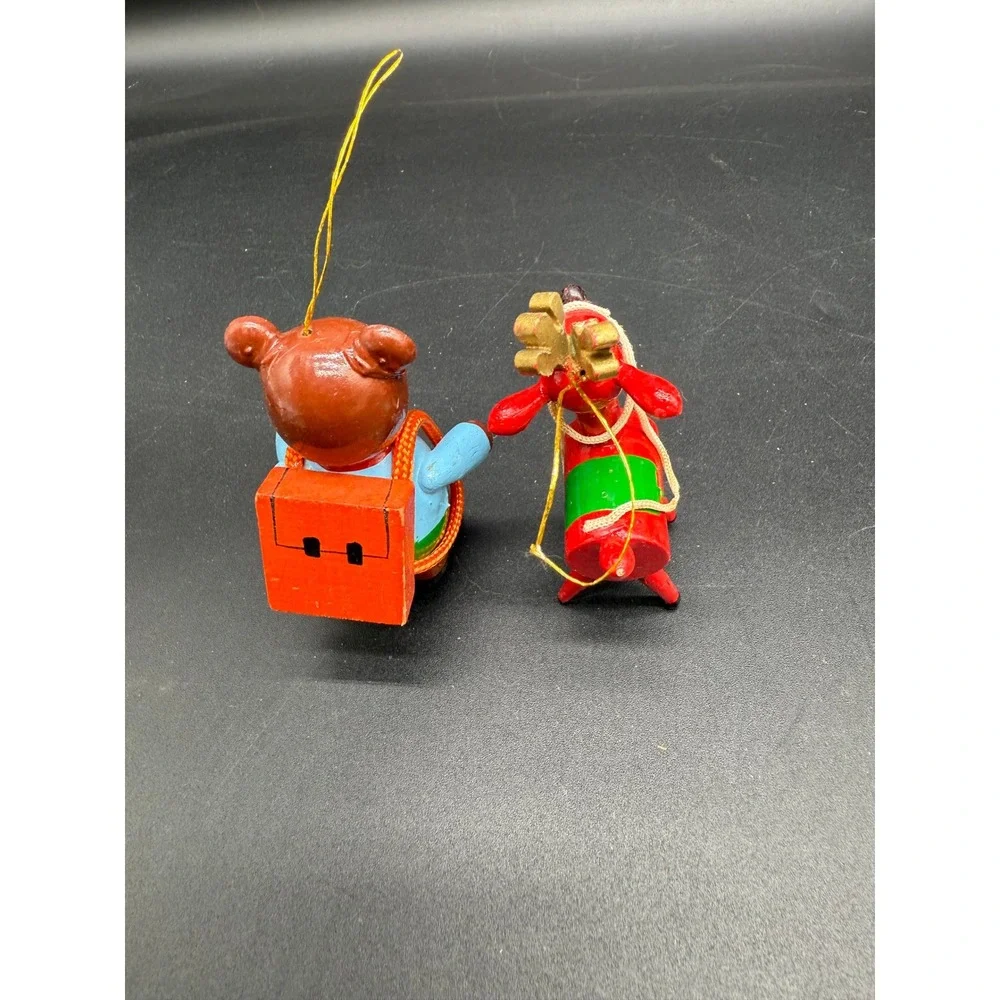 1980 R Dakin Wood Christmas Ornaments Bear‎ and Red Reindeer Pair San Francisco